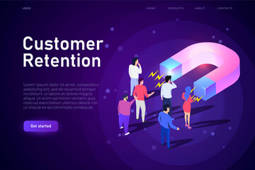 Customer retention isometric illsutration, webpage landing template. Big magnet attracts customers, buyers. Responsive design for e-commerce sphere