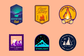 Obraz premium Wilderness and nature outdoor badges, hiking labels, mountain themed logos. Vector hiking, camping, outdoor badges.