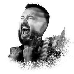 Double exposure of a city and screaming bearded man