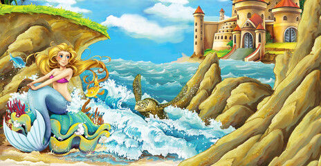 Obraz na płótnie Canvas cartoon scene with mermaid princess by the sea and beautiful castle - illustration