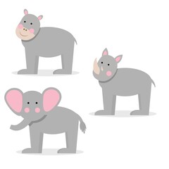 set of animals: hippo, rhino, elephant. flat illustration
