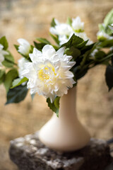 Vertical close-up picture of white vase with white peonies flowers on stone balcony in summer evening in Provence. Floral still life with white peony flower