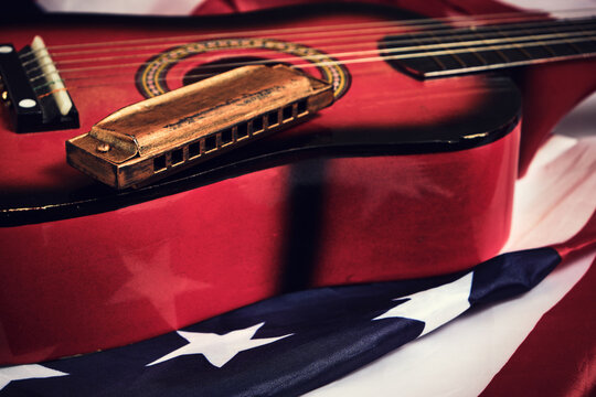 Star Spangled Banner, Guitar And Harmonica. Musical Instrument And Flag Of The United States Of America.