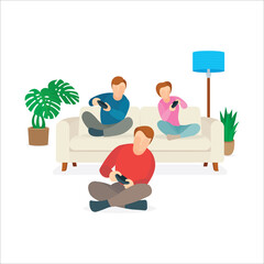 Family playing console video games in living room. Sitting at home on the floor and gaming video games cartoon characters collection. Family entertainment at home concept illustration. 