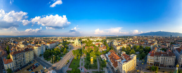 Amazing aerial panorama of the city center and Church Aleksander Nevski, Sofia Bulgaria - obrazy, fototapety, plakaty
