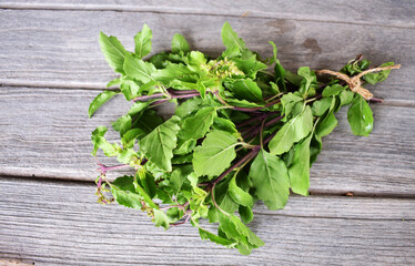 fresh herbs on wooden table