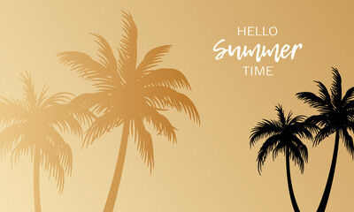 Summer time vector banner or poster on a gold background. Palm leaves and shadows. Vector illustration hello summer banner.