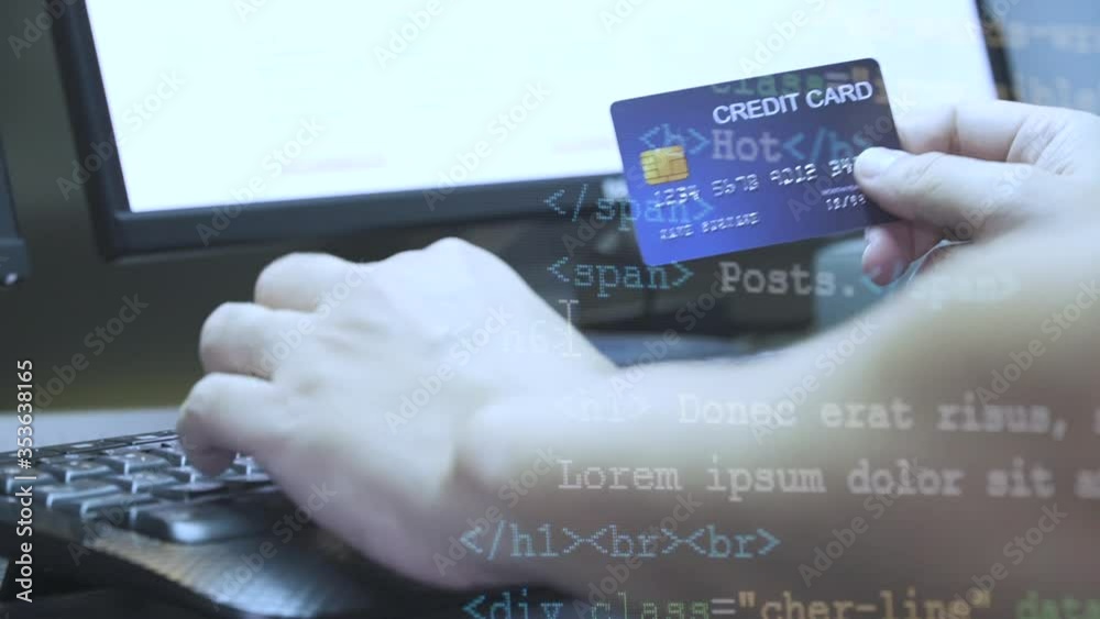 Poster close up hand hold Credit Card and key in on keyboard with Coding overlay . Background for E-commerce and online shopping concept.