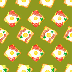sandwiches with bacon, egg and vegetables on a green background seamless pattern