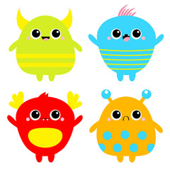 Happy Halloween. Monster icon set. Baby icon. Cute cartoon kawaii scary funny colorful character. Eyes, tooth fang, tongue, hands up. White background. Isolated. Flat design.