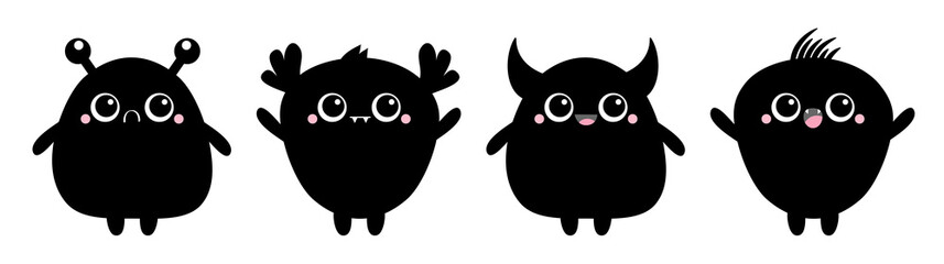 Happy Halloween. Monster set black silhouette. Baby icon. Cute cartoon kawaii scary funny character. Eyes, tooth fang, tongue, hands up. White background. Isolated. Flat design.