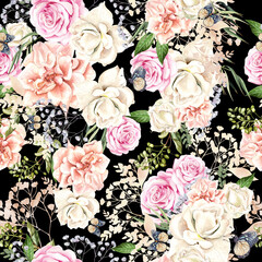 Beautiful watercolor pattern with roses and peony flowers, leaves and butterflies. 