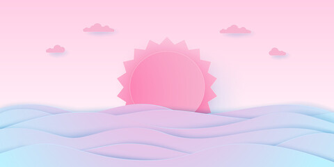 Fototapeta na wymiar Concept of love, Seascape, cloudy sky with pink sun and sea, paper art style