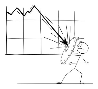 Vector cartoon stick figure drawing conceptual illustration of man or businessman using shield to resist the declining economic or financial graph. Concept of recession or crisis.