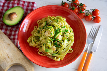 Pasta with avocado cream and shrimps 