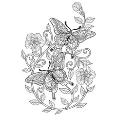Two butterfly with flower.Hand drawn sketch illustration for adult coloring book.