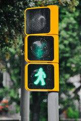 A traffic light for pedestrians. Allowed to cross the road. Green walking man