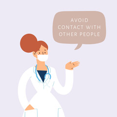 Female medicine worker with speech bubble,  coronavirus pandemic disease COVID-19 quarantine concept. Doctor in face mask informing about self protective measures, treatment and prevention. Stay home
