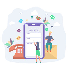 Contact us. Little people write a letter. Landing page, user interface, web page, application introductory card, editorial, flyer and banner. Colorful vector illustration.