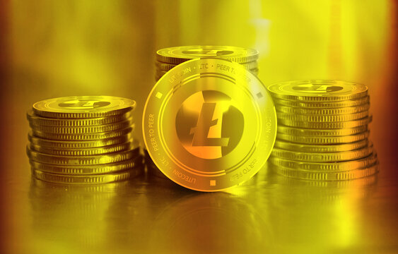Litecoin (LTC) digital crypto currency. Stack of golden coins. Cyber money.