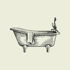 Hand-drawn sketch of old-fashioned bathtub on a white background. Bathroom appliances. Bathroom equipment