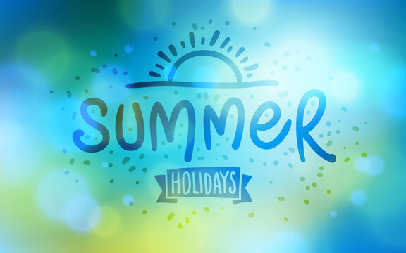 Summer word drawn on a window over blurred background, vector realistic illustration, summertime nature beautiful art.