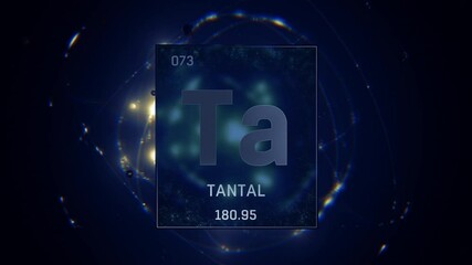 Tantalum as Element 73 of the Periodic Table. Seamlessly looping 3D animation on blue illuminated atom design background orbiting electrons name, atomic weight element number in German language - Powered by Adobe