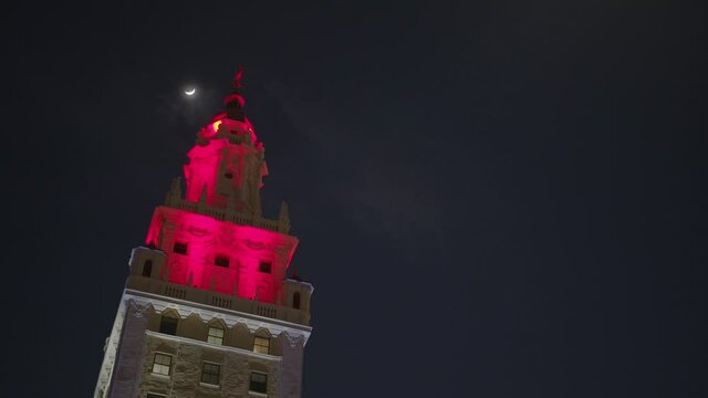 Miami Freedom tower lit in pink shot in 6k blackmagic raw