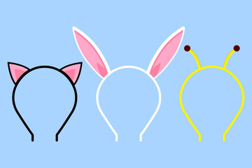 Headband, headdress, hearband with ears of cat, rabbit and bee. Color set. Vector silhouettes. Isolated illustrations.