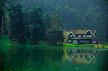 Fototapeta premium a house by the lake, autumn season 