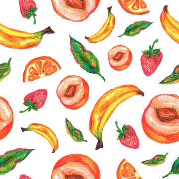 Summer seamless fruit bright pattern with green leaves, bananas, peaches, strawberries and oranges painted with oil pastel. Everything is hand-drawn for fabrics, paper, invitations and decor.
