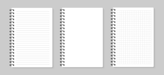 Set of vector illustrations sheets paper. Lined and square, on gray background