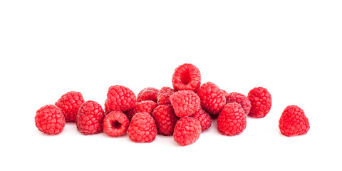 Fresh juicy ripe raspberries on a white background.