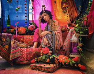 stylish fashionable girl sitting in a boudoir
  boho style, mumbai.india