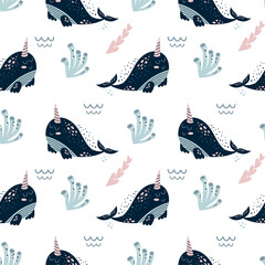 Narwhal pattern. Cute sea kids pattern with narwhal whale seamless background Baby cartoon fabric illustration Ocean animals © Tani Kuzminka