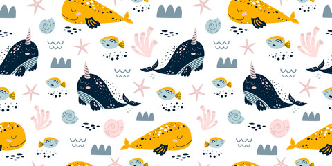 Sweet whales. Baby sea pattern seamless. Whale illustration kids. Boys, girls nautical pattern Cute sea animals print
