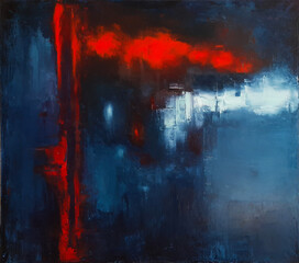 Obraz na płótnie Canvas Abstract painting in deep blue, red and white colors. Original artwork, oil on canvas