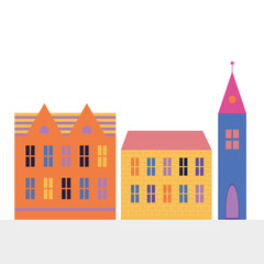 Color house and tower in cartoon style on white background. Colorful houses. Isolated houses. Architecture concept.