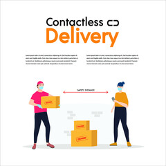 Contactless delivery concept illustration. Courier woman, man in protective mask and food bag with safe distance to protect form covid-19 or coronavirus. Flat vector illustration, isolated objects.