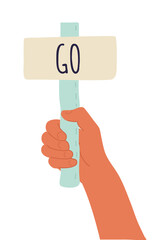 Cartoon vector illustration of Go banner in human hand on white background. Test question. Choice hesitate, dispute, opposition, choice, dilemma, opponent view. Green shaft and  beige paper.