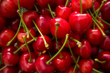 Fondo cerezas rojas y de temporada vistas desde cerca