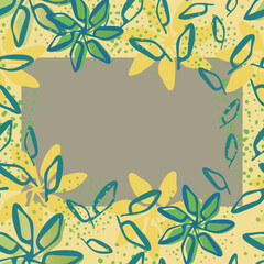 Scattered flowers frame design. Painterly blooms foliage with offset color on textured yellow background with big space for your text. Modern botanical illustration for cards, notes and labels