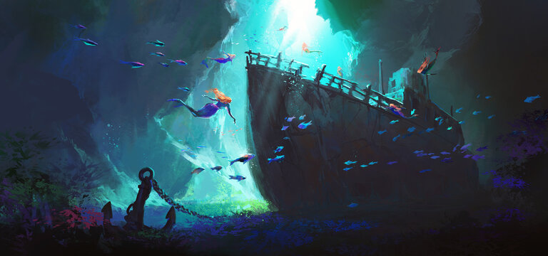 Mermaid surrounds the sunken ship at the bottom of the sea, digital painting.