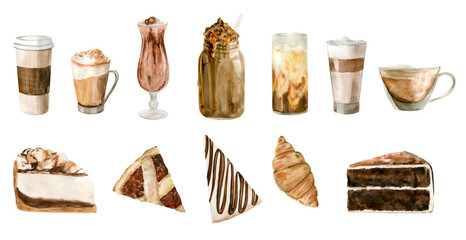 Watercolor set illustrations of coffee cup, coffee grinder, cappuccino, latte