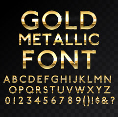 Gold metallic glossy vector font or gold style alphabet. Yellow metal typeface. Metallic golden abc, alphabet typographic luxury premium deluxe text effect isolated in transparent black background