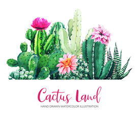 Horizontal banner with watercolor cactus and succulent plants © nurofina