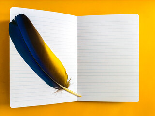 Fototapeta na wymiar An open notebook with a feather of a bird in on an amber background. Yellow background with place for text in an open notebook. blue-yellow feather of a bird inside an open notebook. Space for text.