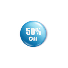 50 percent off blue round pin or button in realistic style