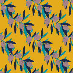 Seamless pattern with leaves and berries on yellow background. Floral wallpaper. Botanical print.