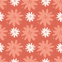 Geometric red and white flower seamless pattern . Cute chamomile flowers wallpaper. Ditsy floral background.